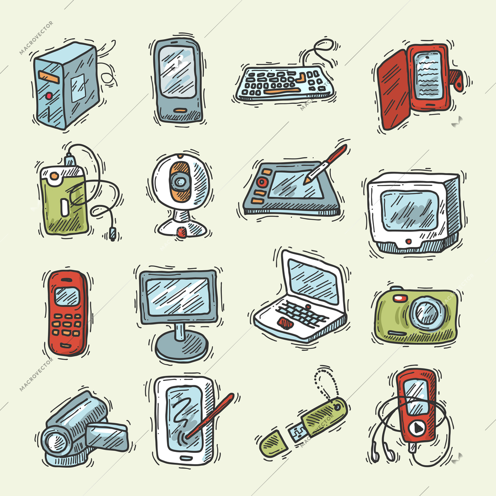 Digital device sketch set with smartphone laptop computer monitor keyboard isolated vector illustration