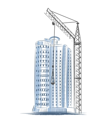 Skyscrapers construction composition with sketch style images of pillar crane and tall building vector illustration