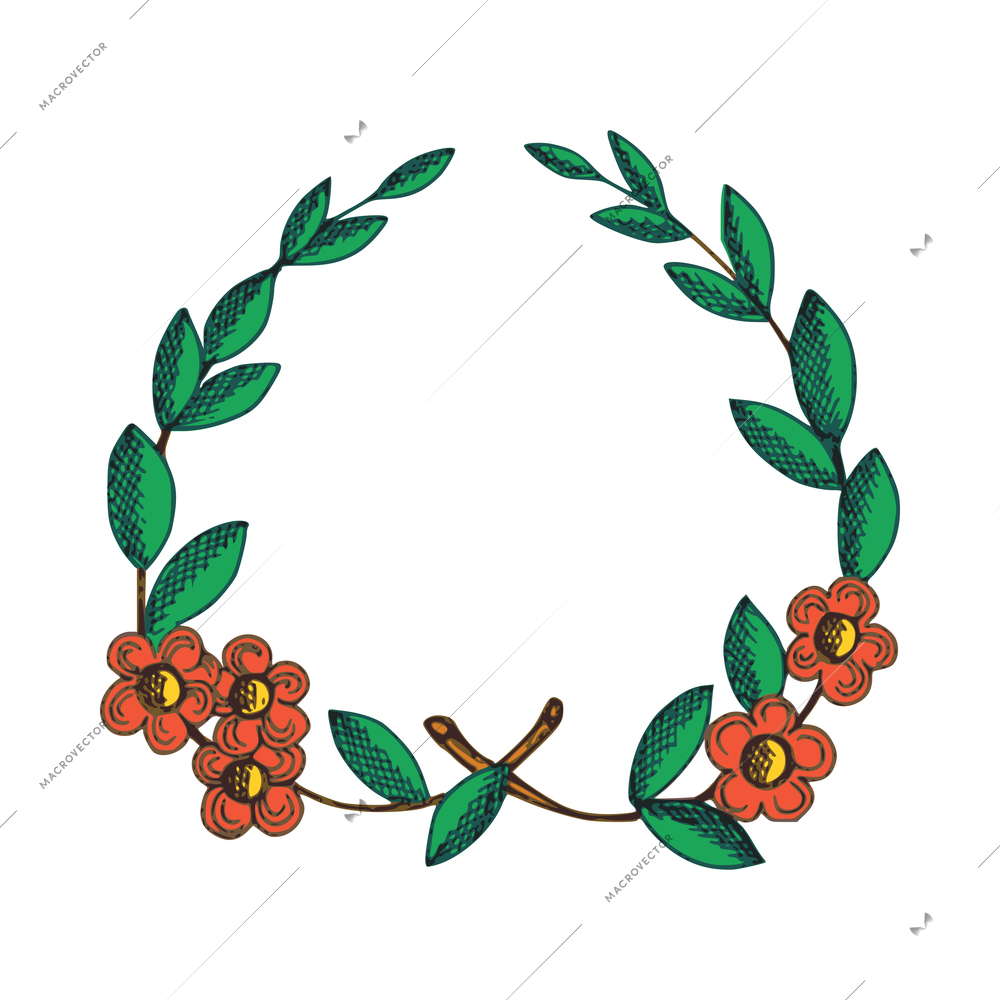 Wreaths composition with sketch colored hand drawn vintage royal heraldic leaf wreath isolated vector illustration