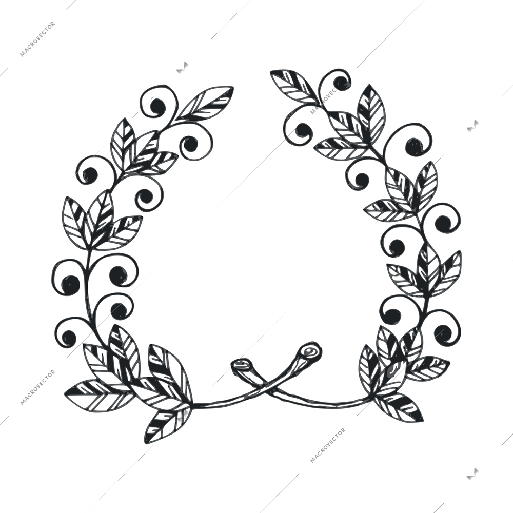 Wreaths composition with sketch hand drawn traditional winning laurel branch wreath isolated vector illustration