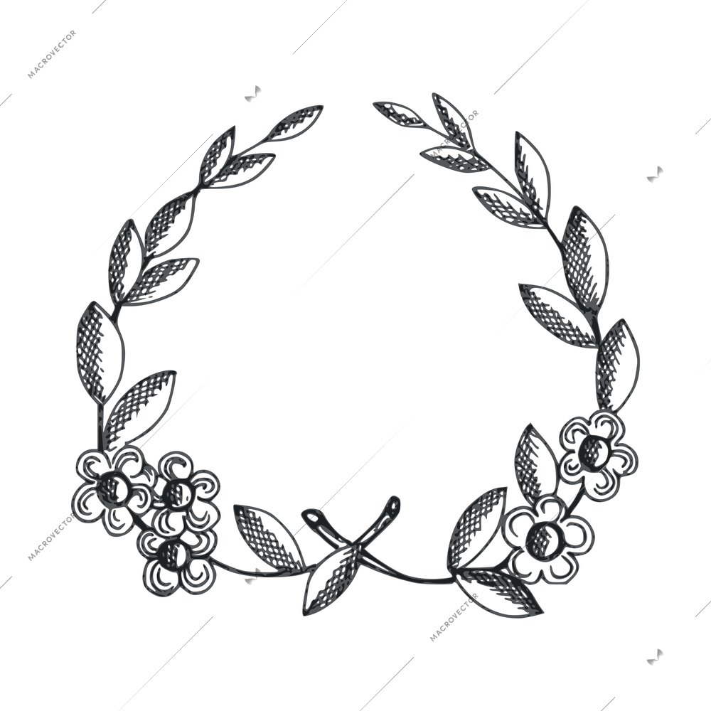 Wreaths composition with sketch hand drawn traditional winning laurel branch wreath isolated vector illustration