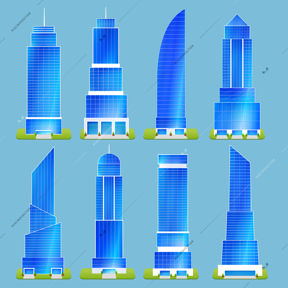 Office buildings skyscraper tower urban apartment sticker set isolated vector illustration