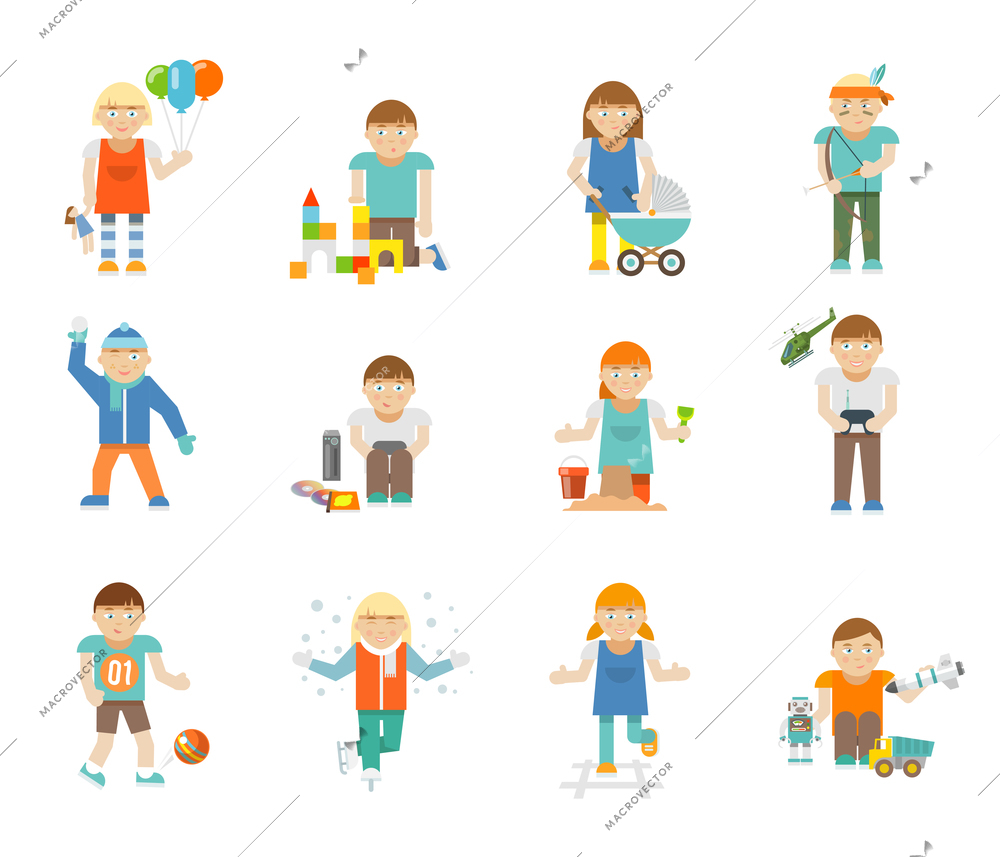 Happy kid avatars playing football blocks toys set isolated vector illustration