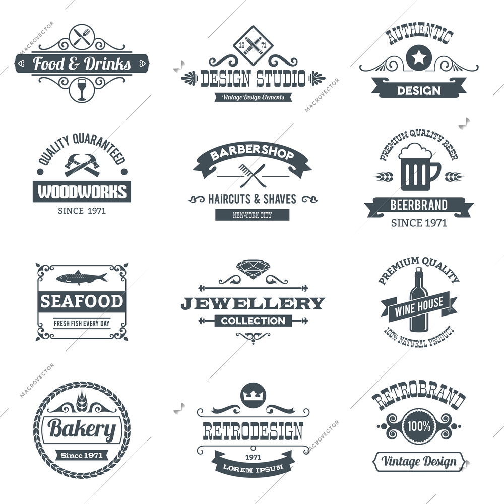 Retro black logo emblems set with woodworks barbershop restaurant isolated vector illustration