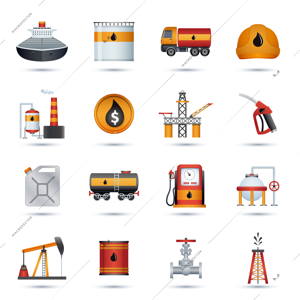 Oil industry petroleum fuel processing transportation and extraction icons set isolated vector illustration