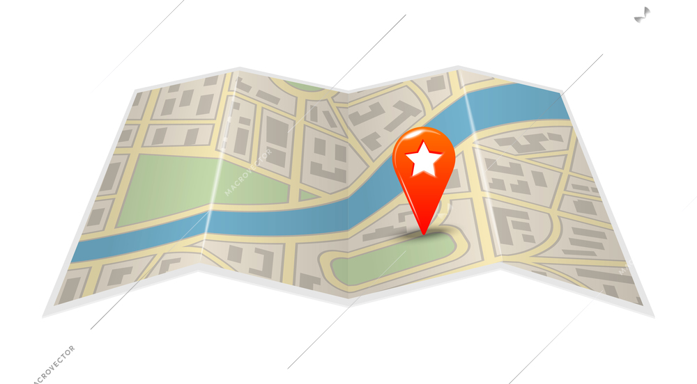 City map with labels composition with isolated image of paper map with location pin attached vector illustration