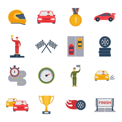 Auto sport grand prix icon flat set with bolide trophy helmet isolated vector illustration