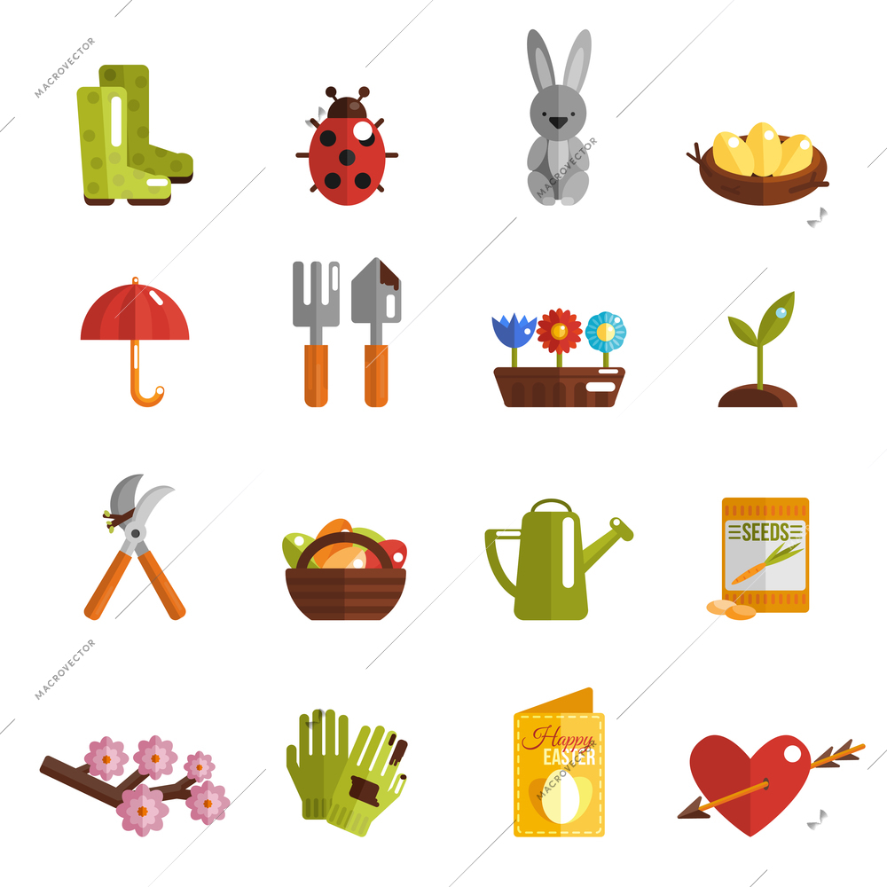 Spring icon flat set with gumboots ladybug eggs plant isolated vector illustration