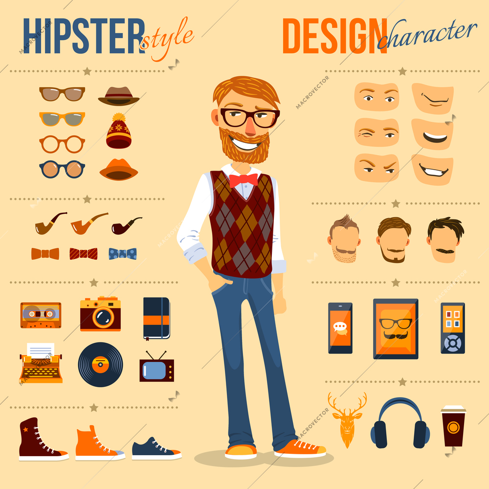 Male hipster character pack with geek fashion trendy elements isolated vector illustration