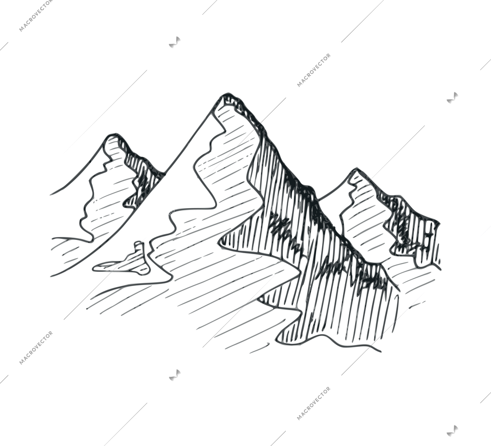 Mountain landscape doodle composition with isolated hand drawn style monochrome image vector illustration