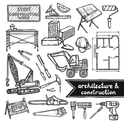 Architecture and construction sketch decorative icons set isolated vector illustration