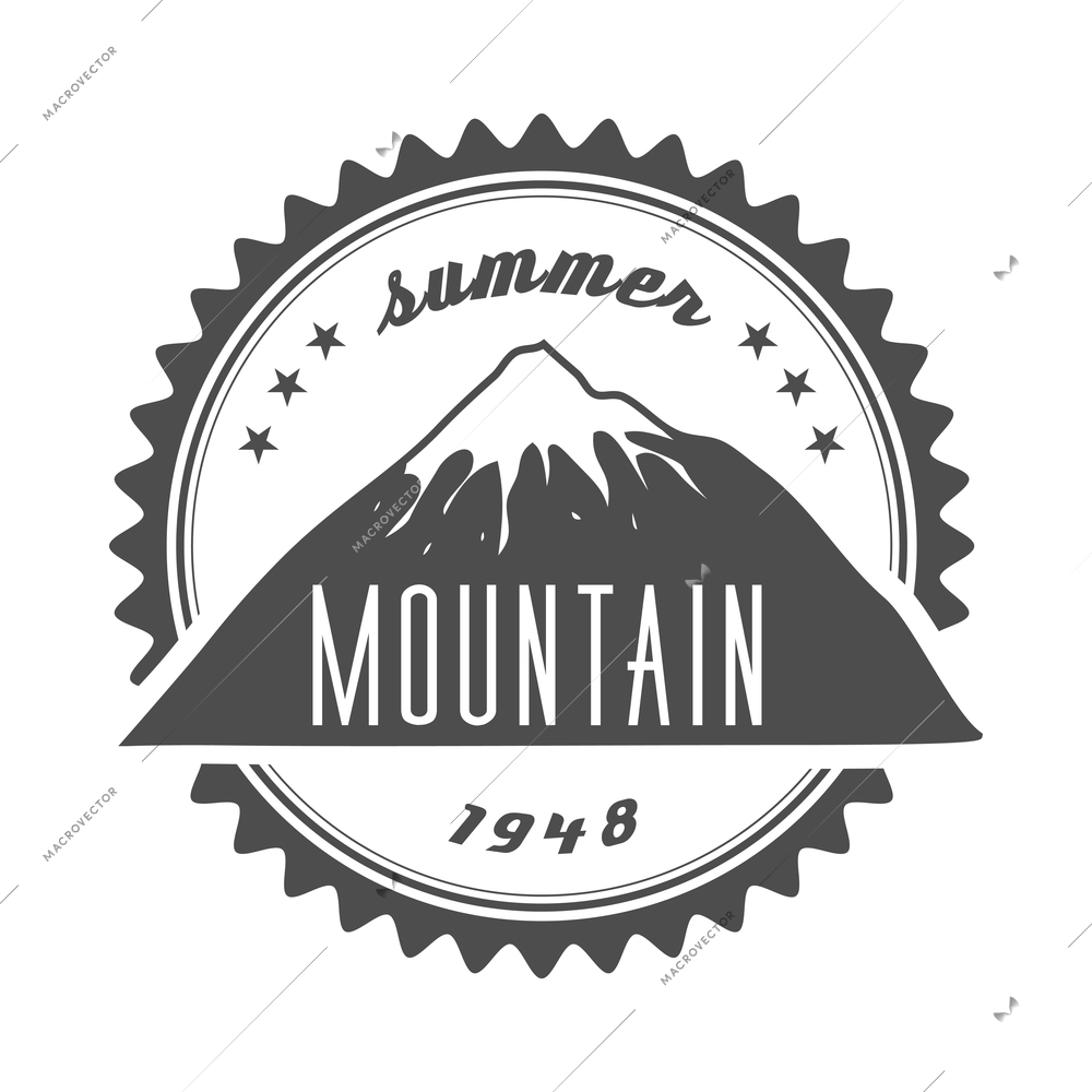 Mountain label composition with monochrome vintage style emblem with text and range of cliffs vector illustration