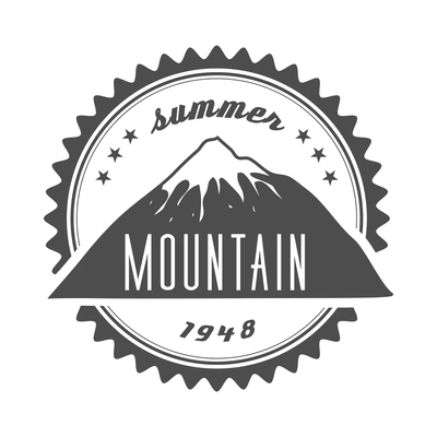 Mountain label composition with monochrome vintage style emblem with text and range of cliffs vector illustration