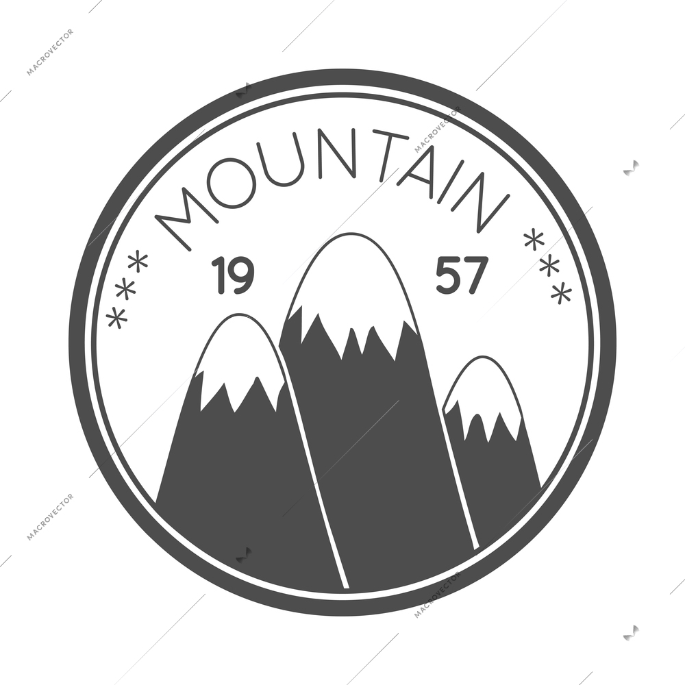 Mountain label composition with monochrome vintage style emblem with text and range of cliffs vector illustration