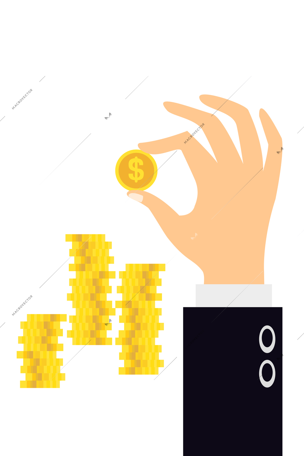 Business hands composition with hand of businessman in smart suit holding coin stack vector illustration