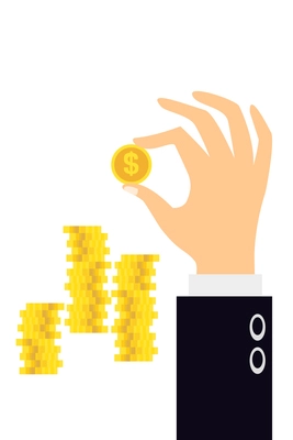 Business hands composition with hand of businessman in smart suit holding coin stack vector illustration