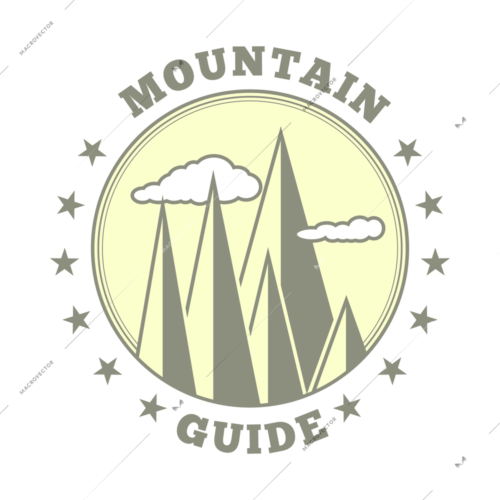 Mountain label composition with colored vintage style emblem with text and range of cliffs vector illustration