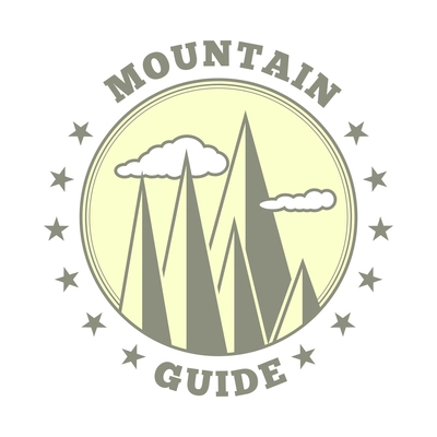 Mountain label composition with colored vintage style emblem with text and range of cliffs vector illustration