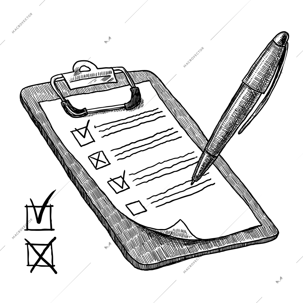 Clipboard with check list questionnaire checkboxes and pen sketch vector illustration