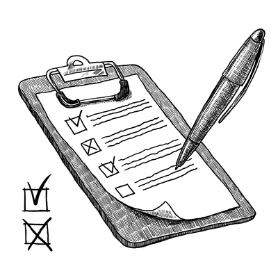 Clipboard with check list questionnaire checkboxes and pen sketch vector illustration