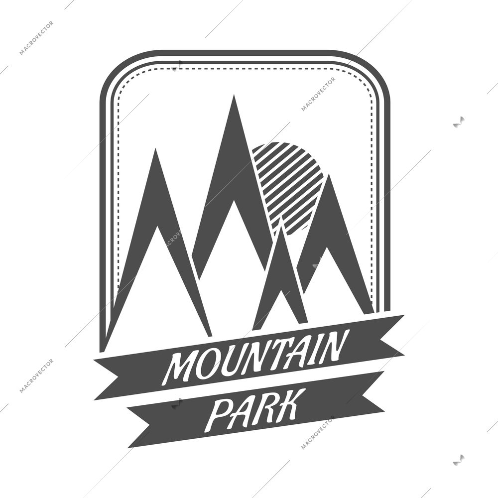 Mountain label composition with monochrome vintage style emblem with text and range of cliffs vector illustration