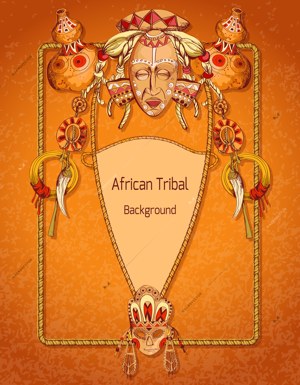 African sketch colored background with tribal mask amulets and religion symbols vector illustration.