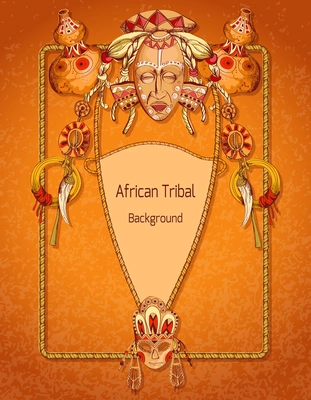 African sketch colored background with tribal mask amulets and religion symbols vector illustration.