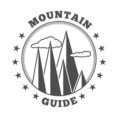 Mountain label composition with monochrome vintage style emblem with text and range of cliffs vector illustration