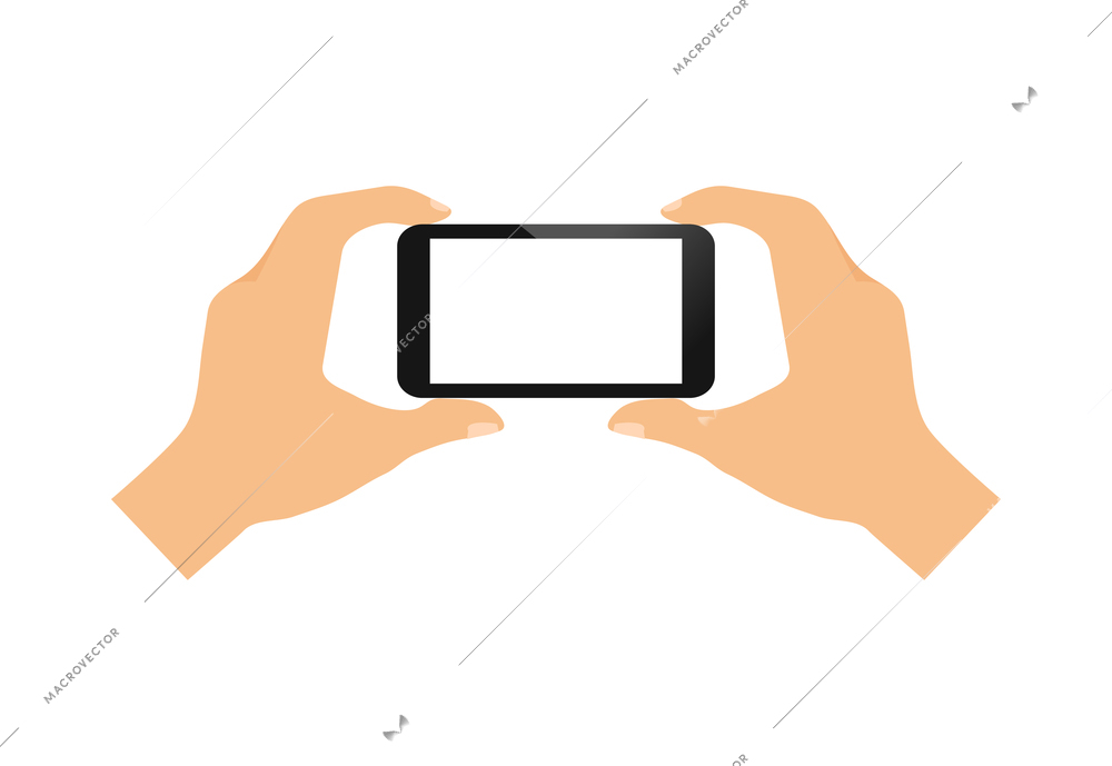 Hand phone composition with view of human hands gesture and smartphone with empty screen vector illustration