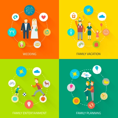 Family icons flat set with wedding vacation entertainment planning isolated vector illustration