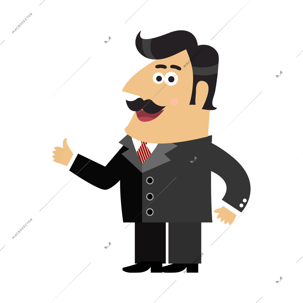 Business life shareholder composition with doodle style character of businessman with moustache vector illustration