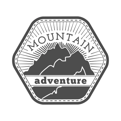 Mountain label composition with monochrome vintage style emblem with text and range of cliffs vector illustration