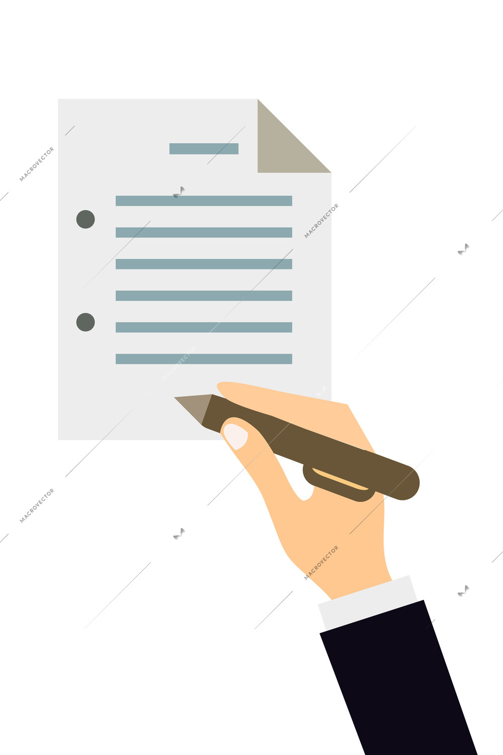 Business hands composition with hand of businessman in smart suit holding pen signing paper vector illustration