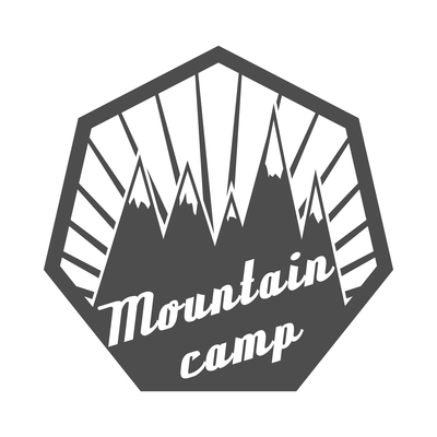 Mountain label composition with monochrome vintage style emblem with text and range of cliffs vector illustration