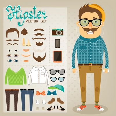 Hipster character pack for geek boy with accessory clothing and facial elements vector illustration