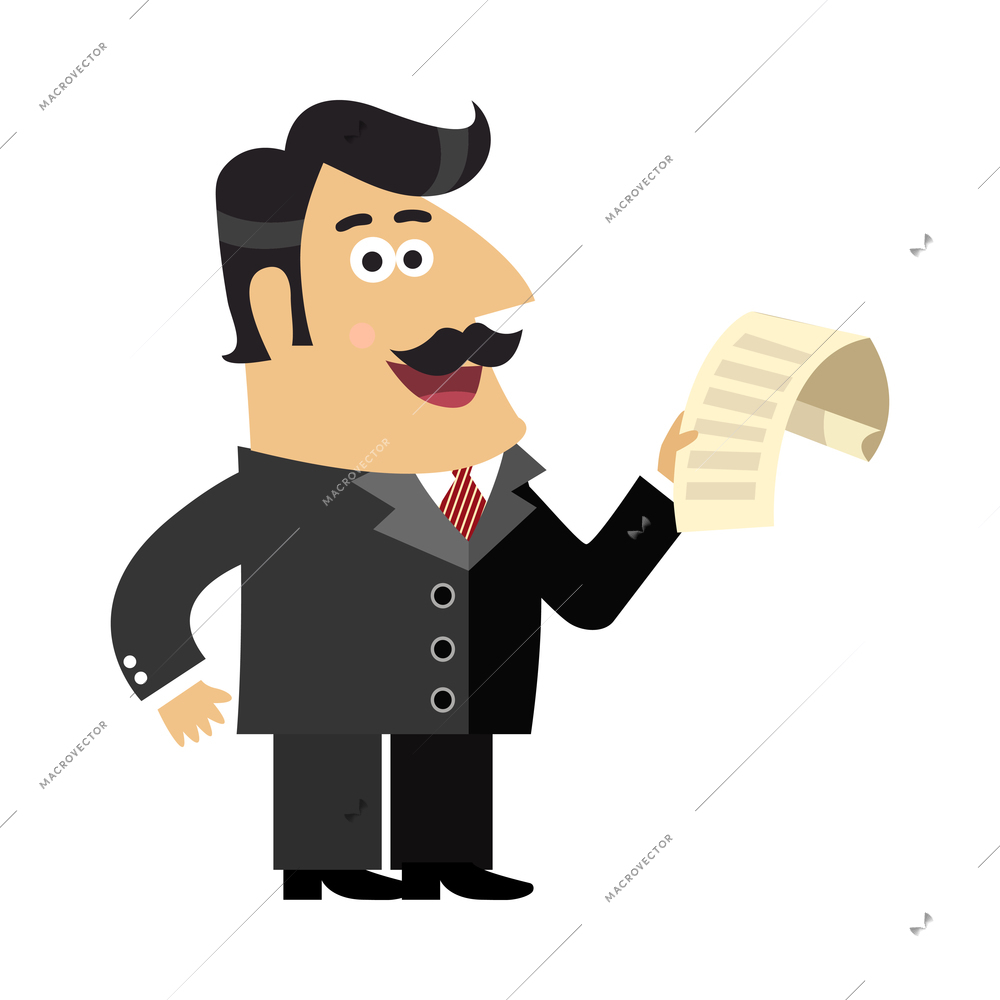 Business life shareholder composition with doodle style character of businessman with moustache vector illustration