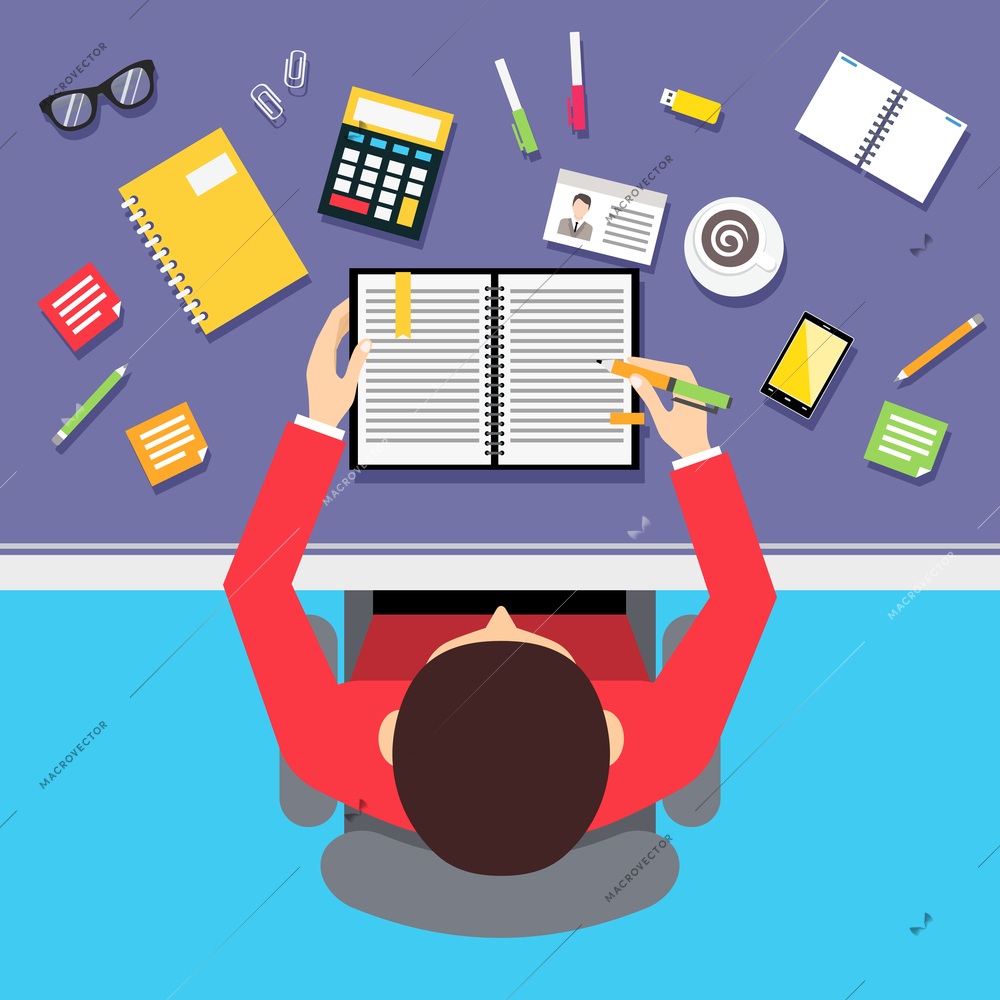 Top view businessman workplace with male employee notebook and stationery  vector illustration