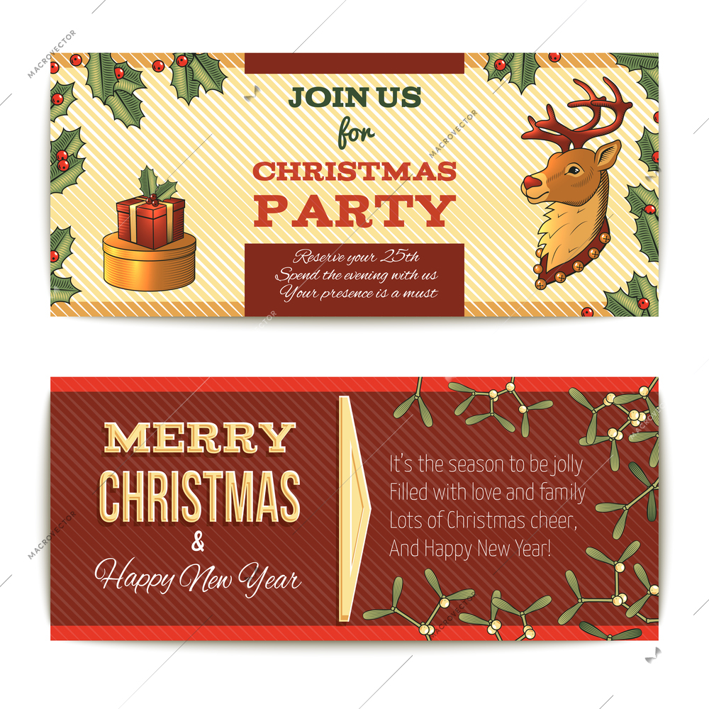 Merry christmas new year holiday horizontal banner set with deer and gift boxes isolated vector illustration