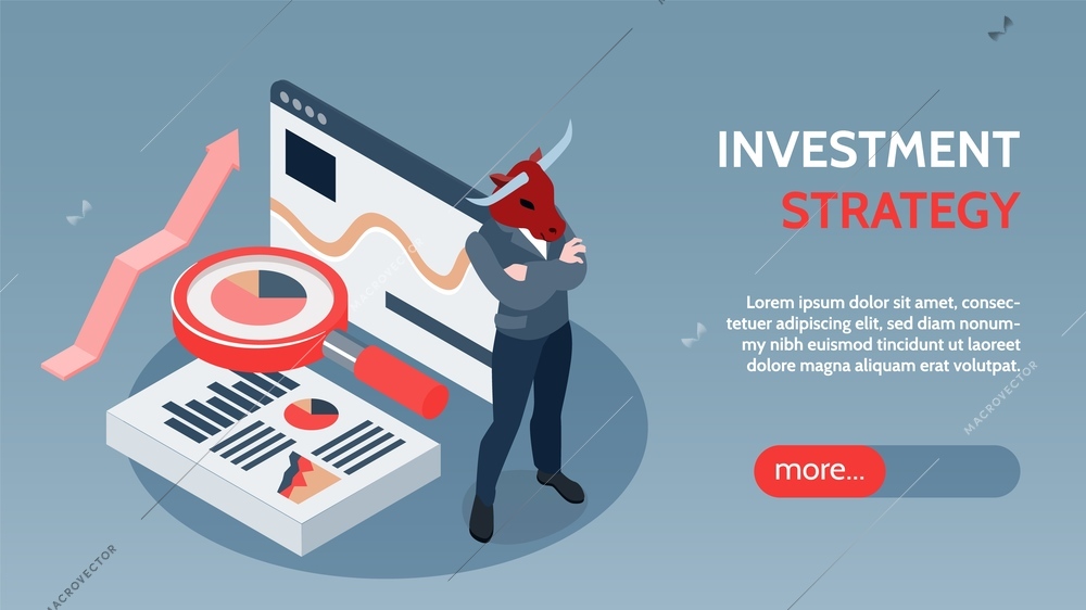 Successful financial investment strategies advisers isometric landing page web banner with bull market symbol background vector illustration