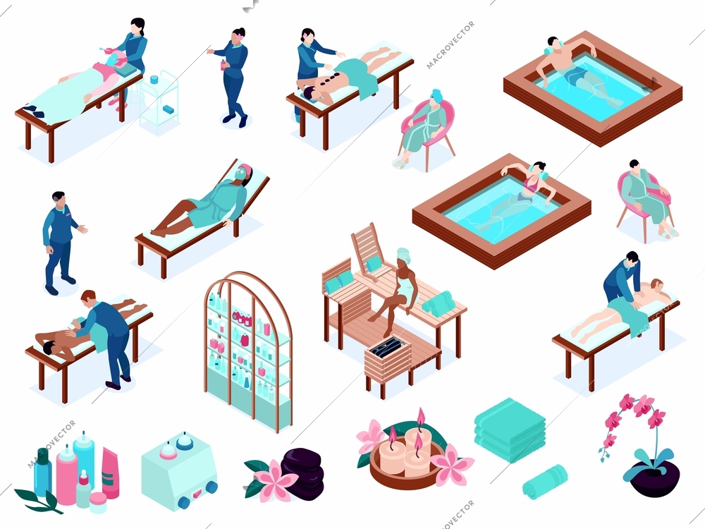 Isometric spa set of isolated icons with masseurs clients and tables with pools and aroma products vector illustration