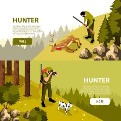 Hunter isometric horizontal banners set with reindeer and dog isolated vector illustration