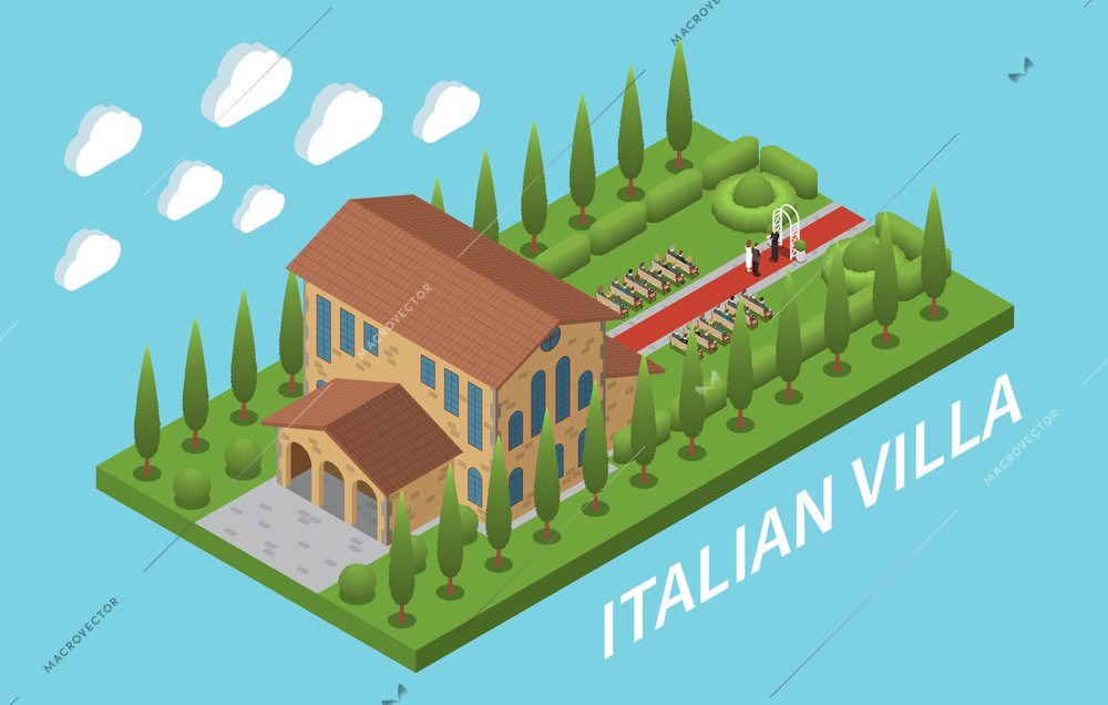 Italian villa in style of medieval castle with big park isometric composition vector illustration