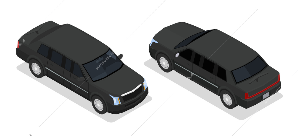 Bodyguards security service transport two full  black luxury sedan armoured vehicles isolated isometric image vector illustration