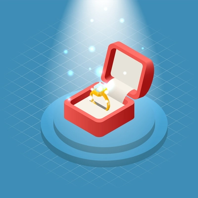 Jewelry ring gift on podium isometric composition gold ring with diamond in red velvet box vector illustration