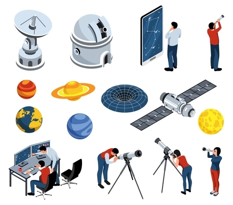 Astronomy isometric set of equipment for stars and galaxy explore isolated vector illustration