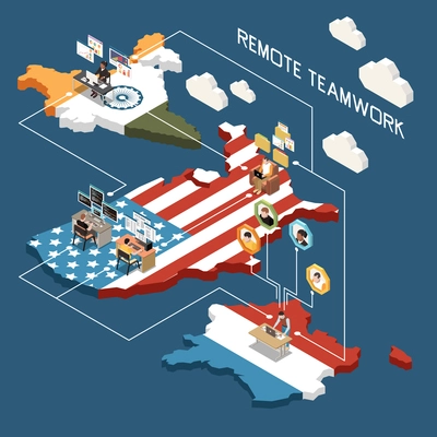 Isometric distant teamwork concept with people from different countries working together remotely 3d vector illustration