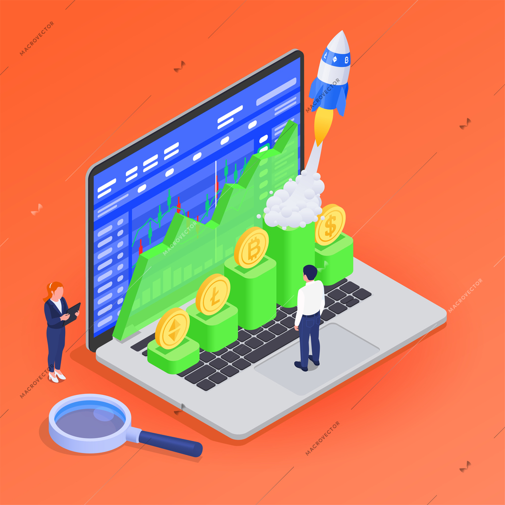 Cryptocurrency stock exchange financial market analysis isometric concept with laptop chart and characters of investors on color background 3d vector illustration