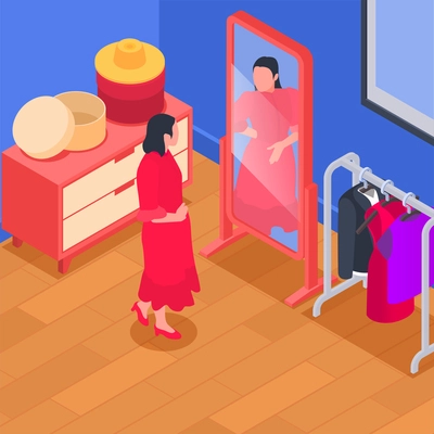 Young woman chooses fashion clothes tries on dress looking in mirror at home or store 3d isometric vector illustration