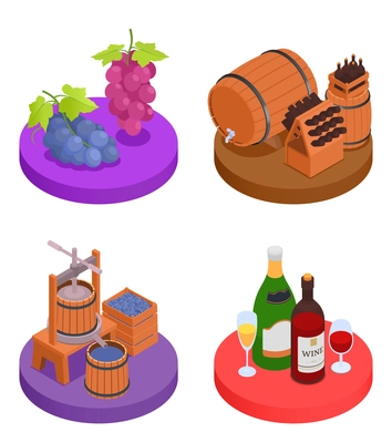 Isometric 2x2 wine production set with wooden barrels shelves crusher bunches of grapes and bottles 3d isolated vector illustration