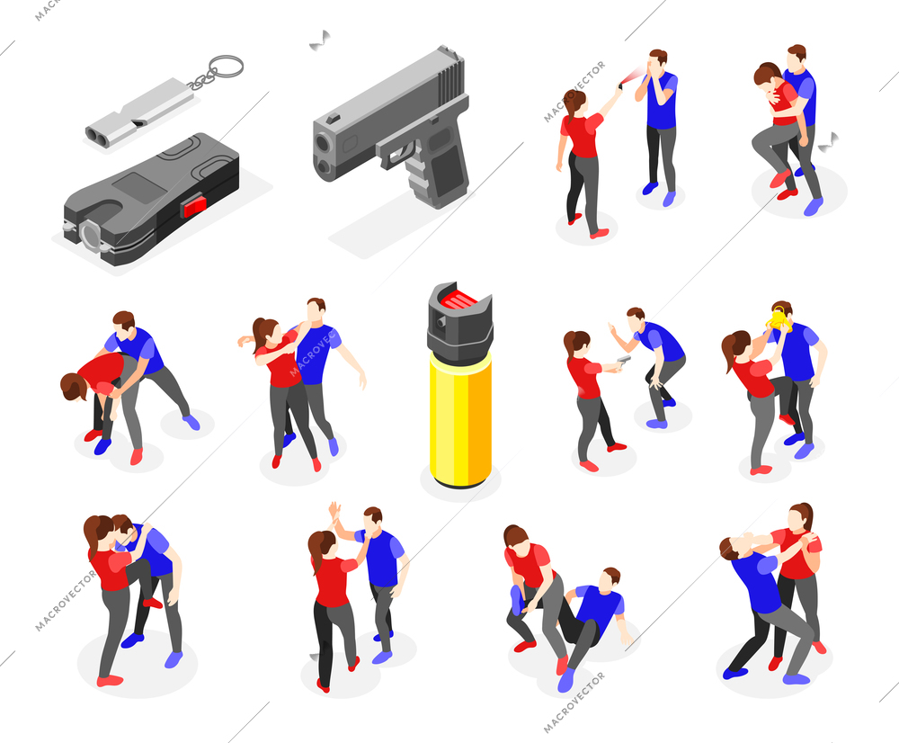 Self defense isometric icons collection with isolated personal equipment and pairs of fighting people isolated images vector illustration